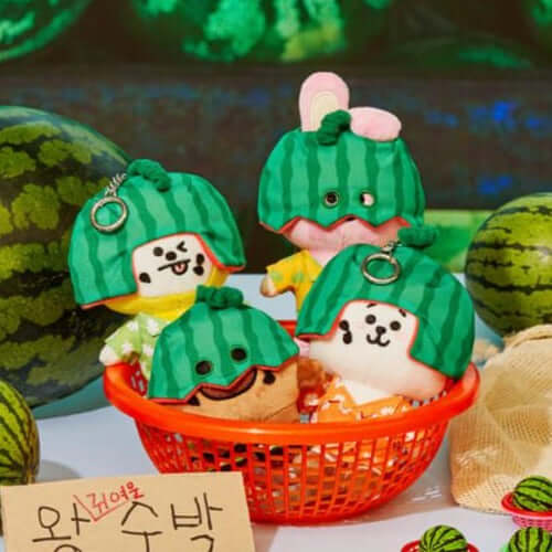 LINE FRIENDS BT21 Summer Rain Plushy Keyring displayed with a cute watermelon-inspired design, adding a playful touch to your collection.