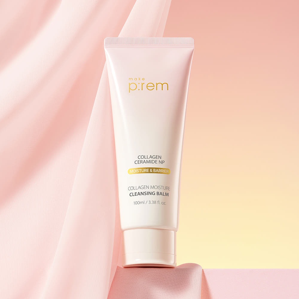 Image of MAKE P:REM Collagen Moisture Cleansing Balm 100ml on a pink background.