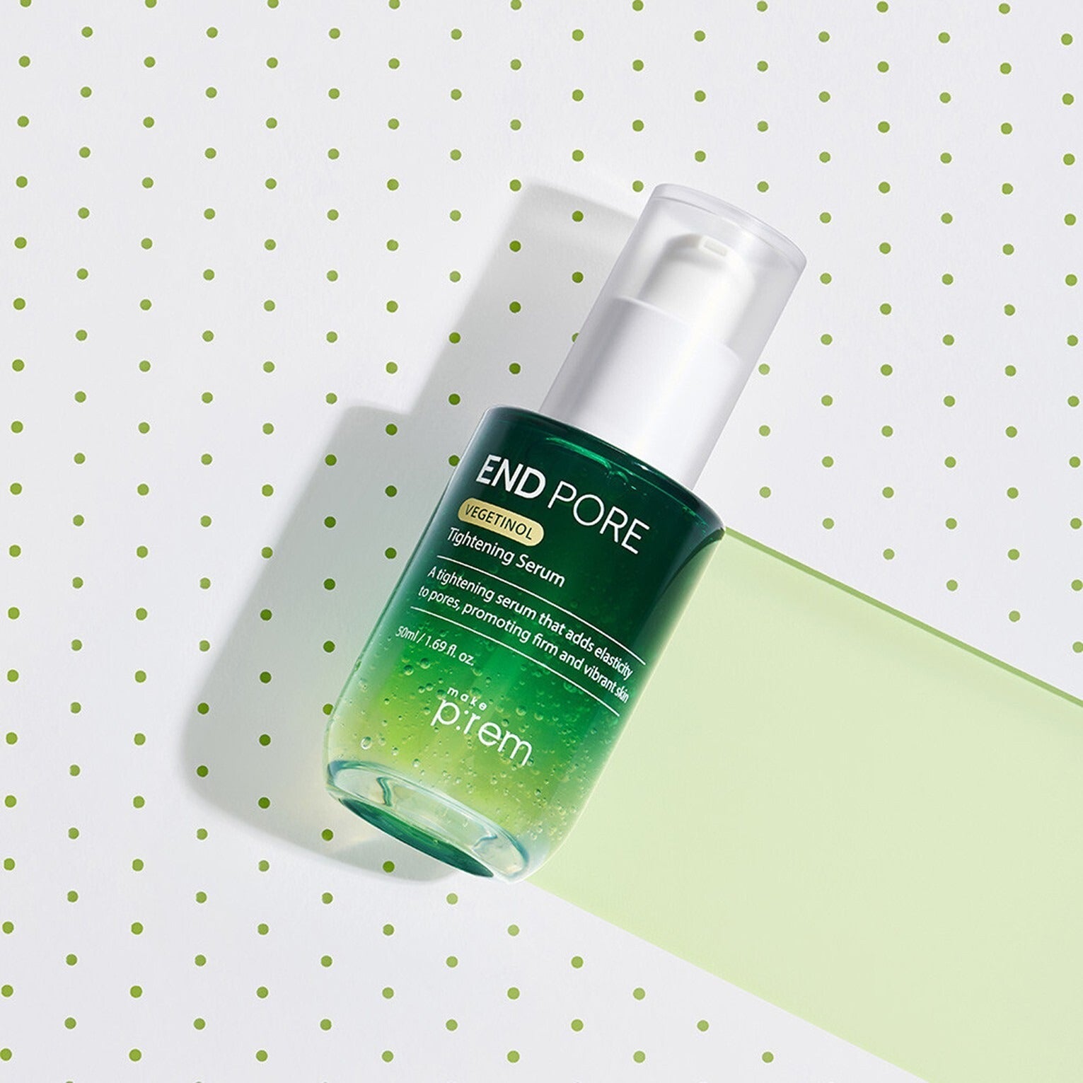 MAKE P:REM Endpore Vegetinol Tightening Serum 50ml on a polka dot background.