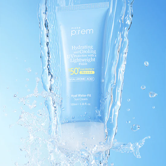 MAKE P:REM Hyal Water Fit Sunscreen 100ml SPF50+ hydrating sun protection floating in water background