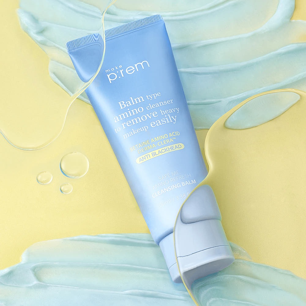 MAKE P:REM Safe Me Amino Refresh Cleansing Balm 100ml tube with background texture and droplets