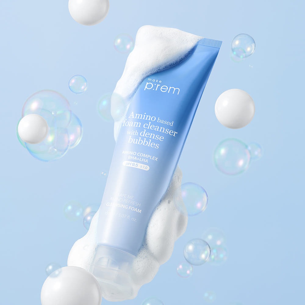 MAKE P:REM Safe Me Amino Refresh Cleansing Foam 150ml with bubbles on a blue background