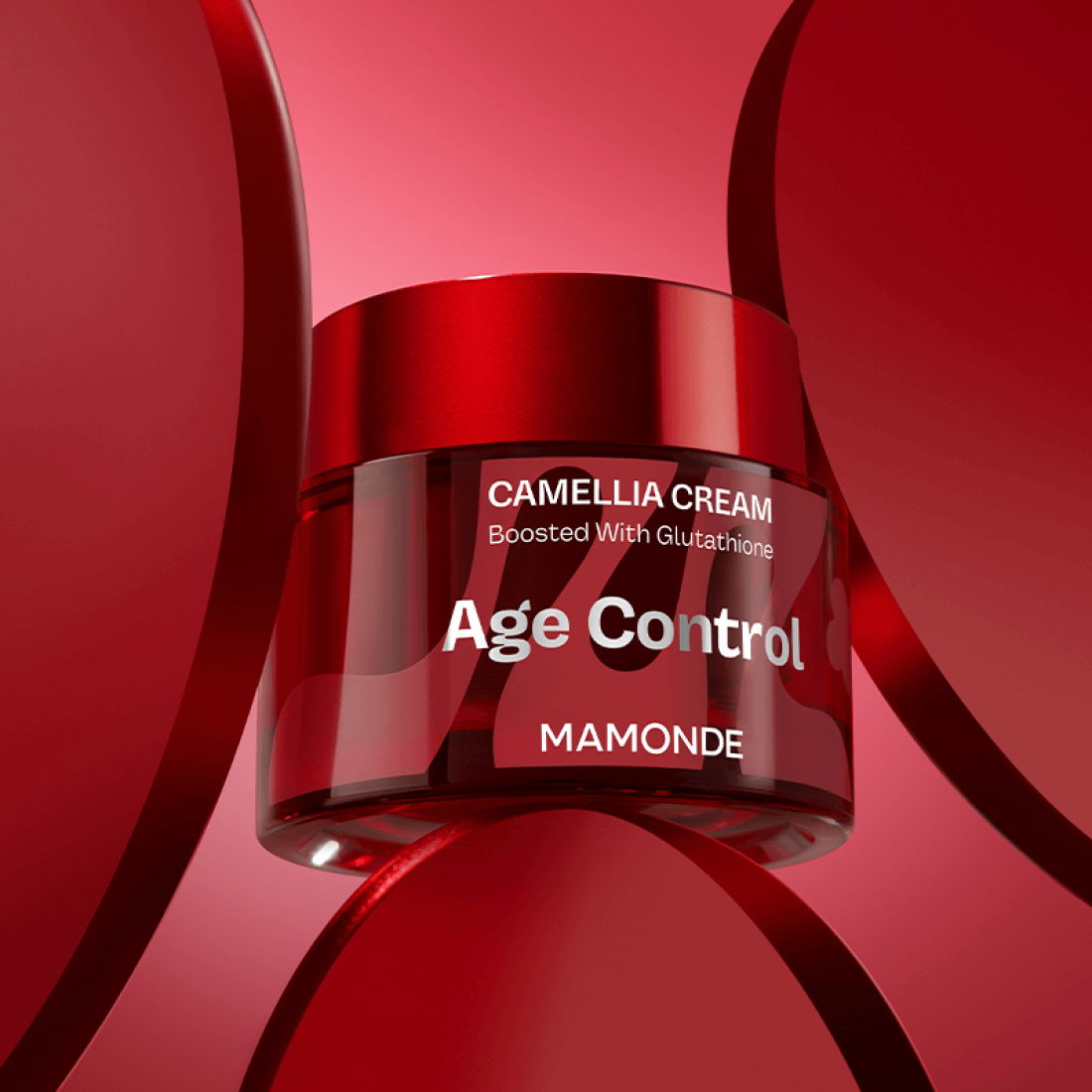 MAMONDE Age Control Camellia Cream 50ml jar with red background showcasing skincare packaging design.