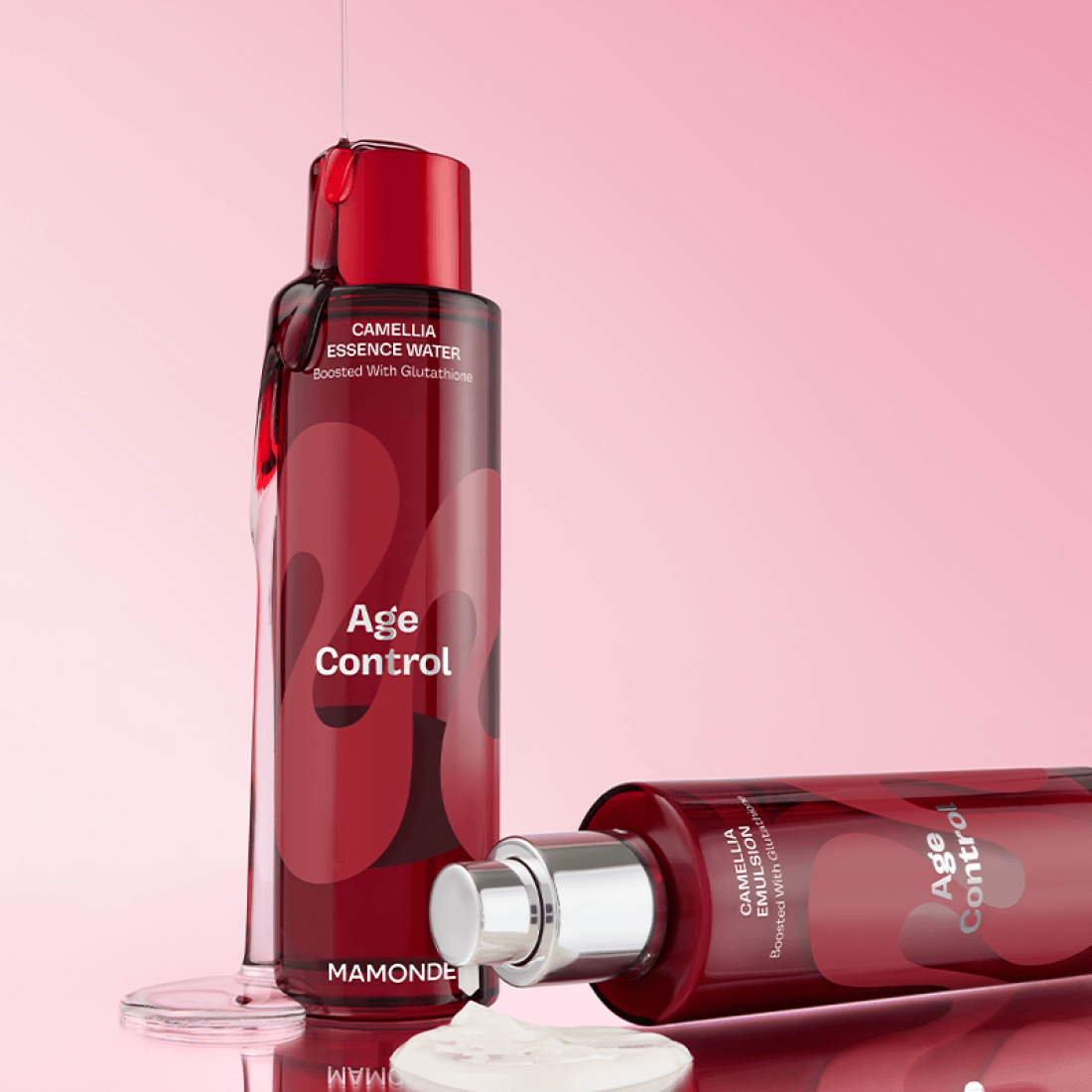 MAMONDE Age Control Camellia Emulsion 125ml showing two bottles on a pink background with cream texture