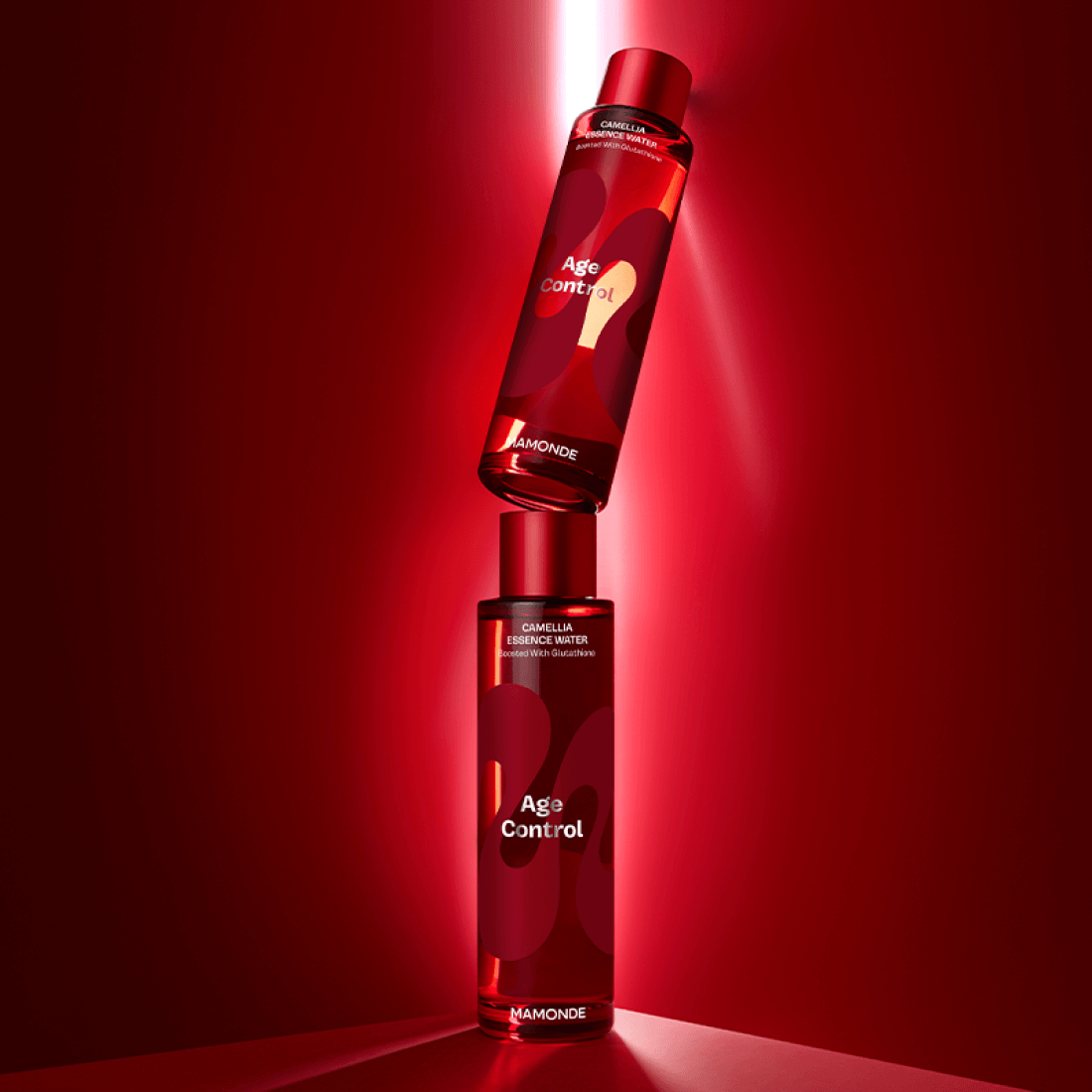 MAMONDE Age Control Camellia Essence Water 150ml product display with vibrant red packaging and sleek design.
