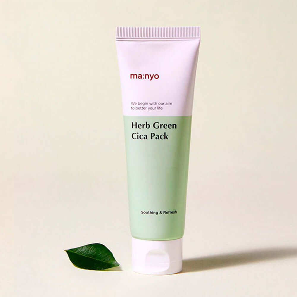 MANYO Herb Cica Pack 75ml soothing green facial mask tube with natural leaf backdrop for skin calm and refresh