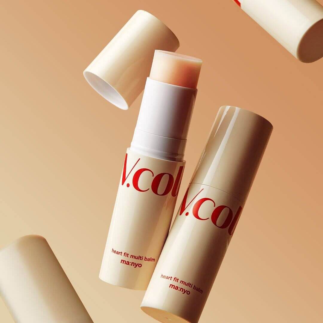 MA:NYO V Collagen Heart Fit Multi Balm 10g displayed with its cap open against a gradient background.