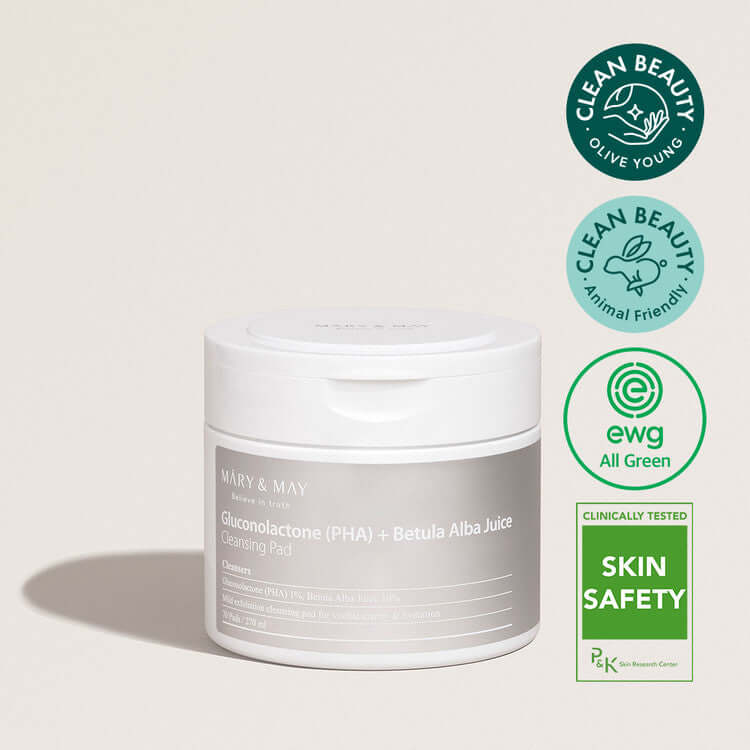MARY & MAY Gluconolactone (PHA) + Betula Alba Juice Cleansing Pad 70p 270ml in white jar with eco-friendly certification labels