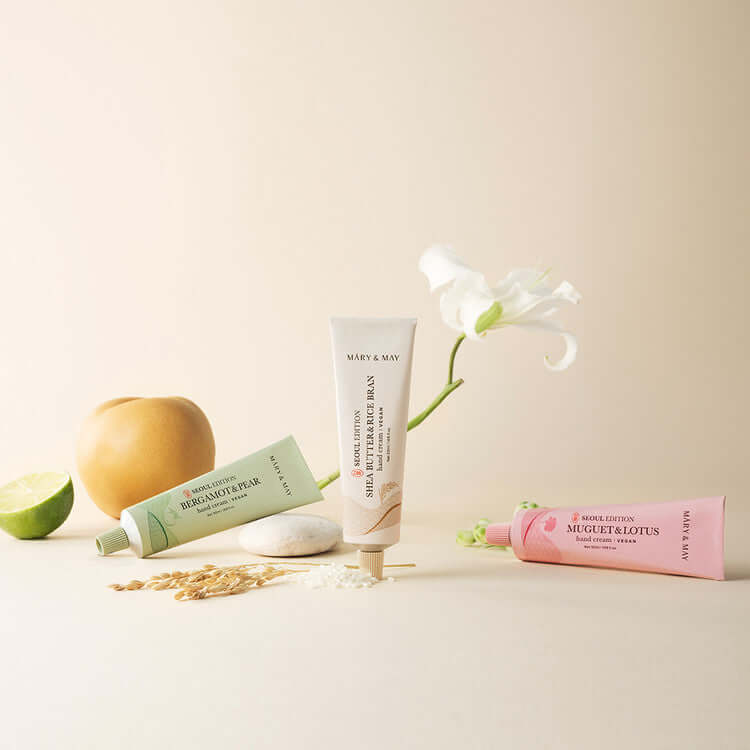 MARY & MAY Hand Cream Trio Set with natural ingredients and elegant design, featuring three different scented hand creams.