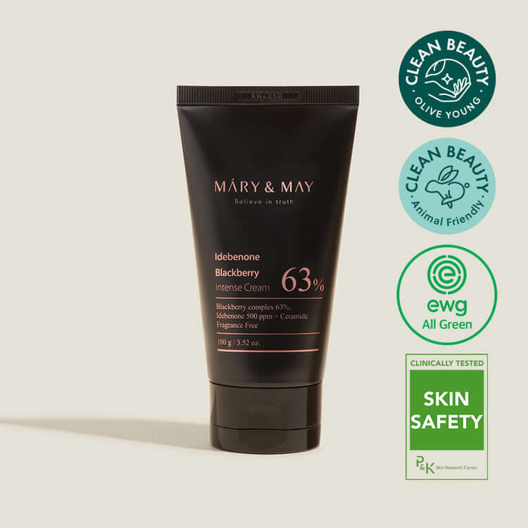MARY & MAY Idebenone Blackberry Intense Cream product image with certifications for clean beauty, animal friendly, and skin safety.
