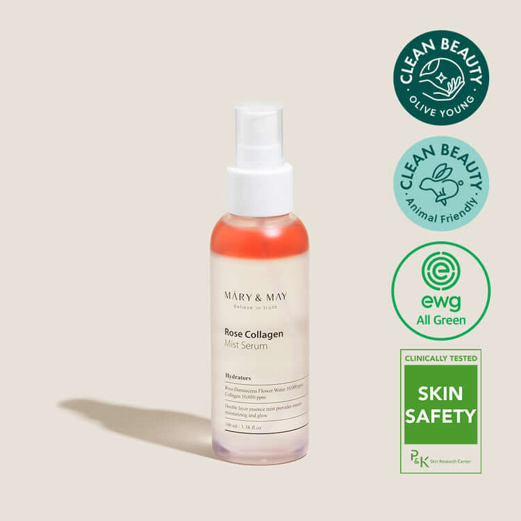 Bottle of MARY & MAY Marienmay Rose Collagen Mist Serum with certification badges