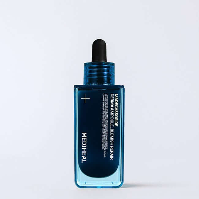 MEDIHEAL Madecassoside Derma Ampoule Trace Repair 50ml in blue bottle with dropper on white background