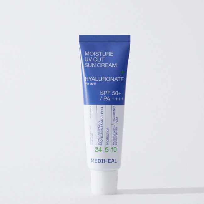 MEDIHEAL Moisture UV Cut Sunscreen 50ml tube with SPF 50+ displayed on a white background