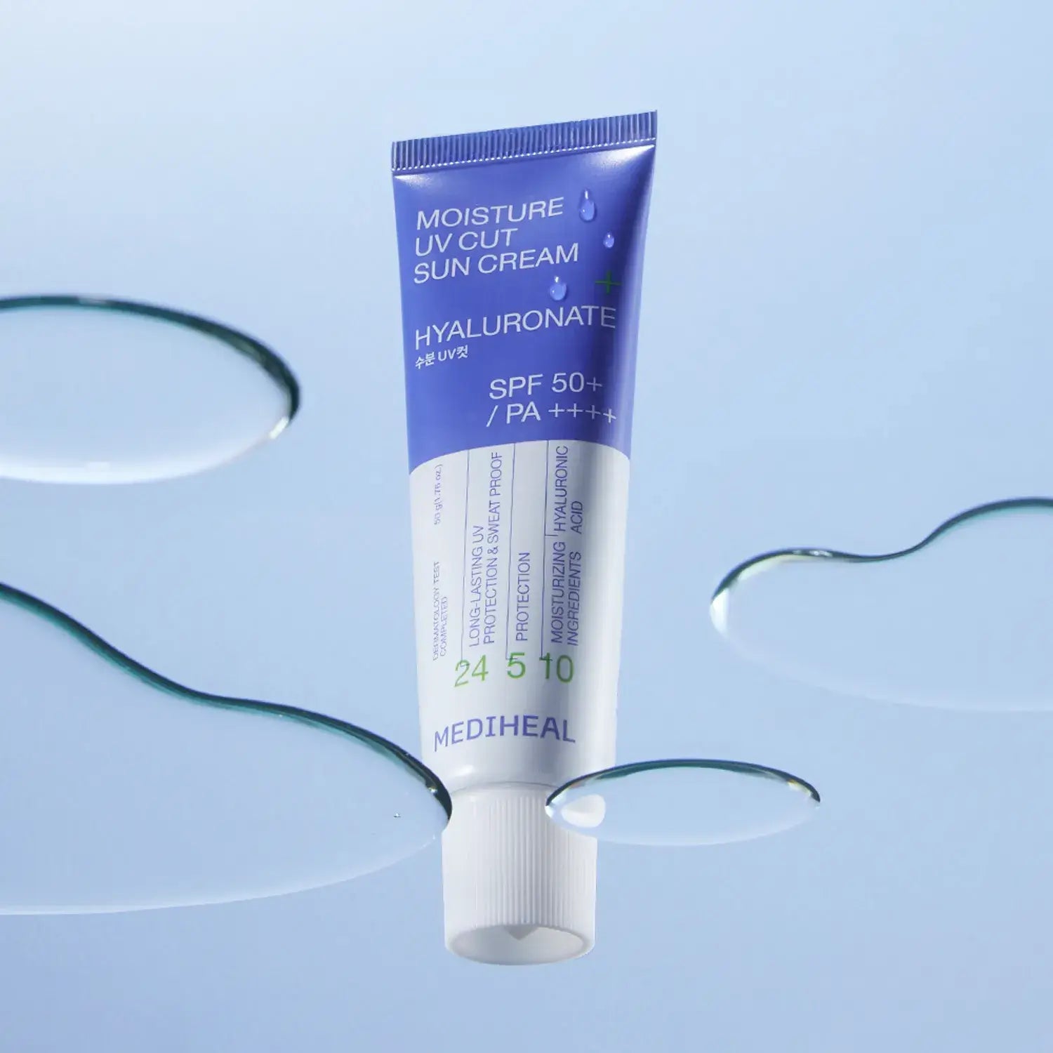 MEDIHEAL Moisture UV Cut Sunscreen 50ml against serene blue background with water droplets.
