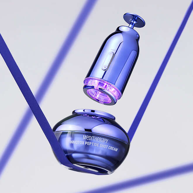 MEDITHERAPY Inmotox Suction Jet (+Peptide Shot Cream) 50ml + EMS Device displayed artistically with vibrant colors.