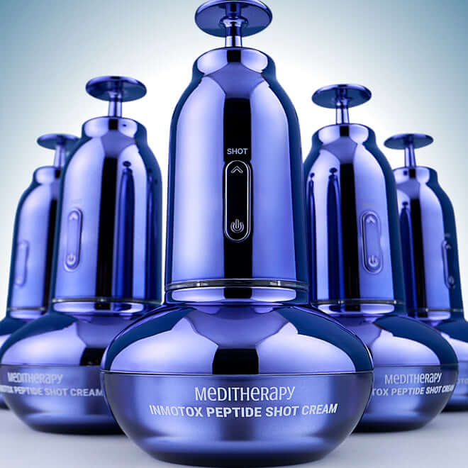 MEDITHERAPY Inmotox Suction Jet (+Peptide Shot Cream) 50ml + EMS Device with luxurious blue bottles displayed against a soft gradient background
