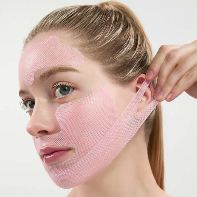 Woman applying MEDITHERAPY Inmotox Tension Up Mask 25gX5 on face, skincare routine demonstration.