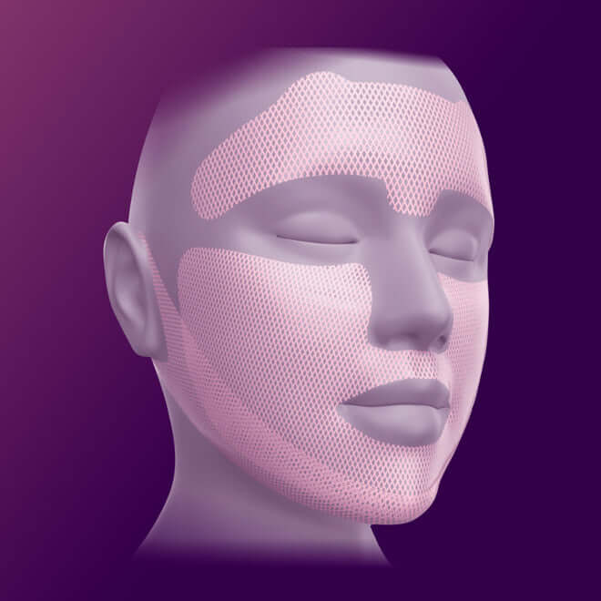 3D illustration of a face applying MEDITHERAPY Inmotox Tension Up Mask 25gX5 with purple background