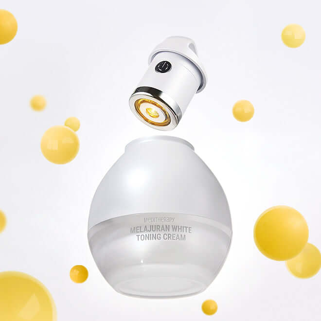 MEDITHERAPY Melageran White Toning Cream 50ml + EMS Device with yellow spheres background