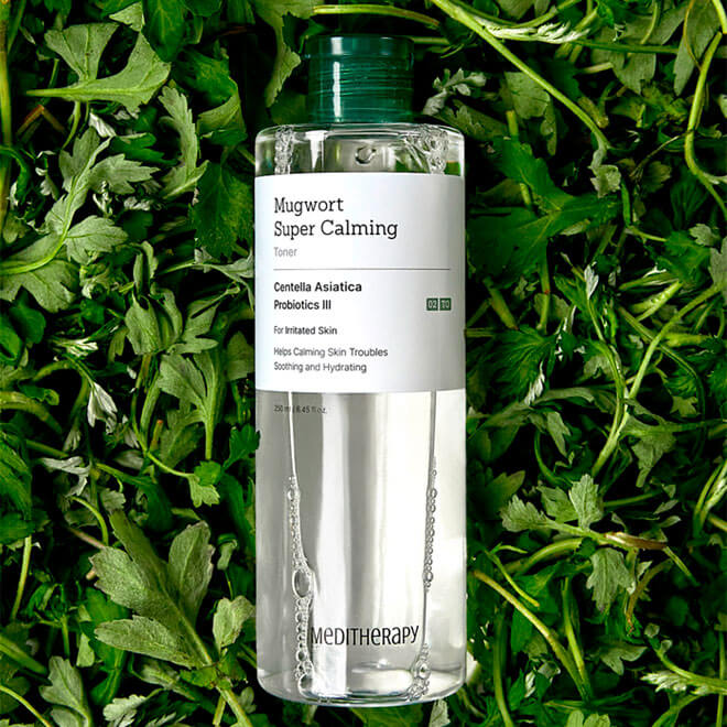 Bottle of MEDITHERAPY Mugwort Super. Calming Toner 250ml placed on fresh green leaves