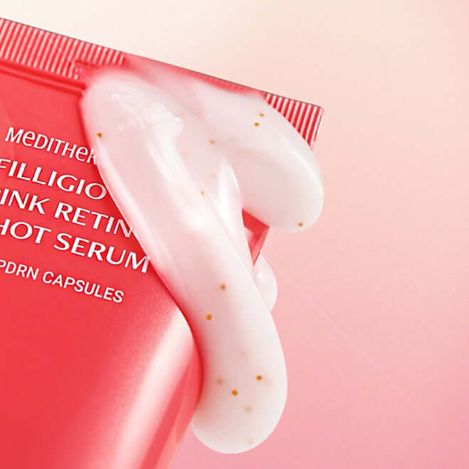 MEDITHERAPY Philizio Pink Retinol Shot Serum 30ml cream texture on pink packaging close-up
