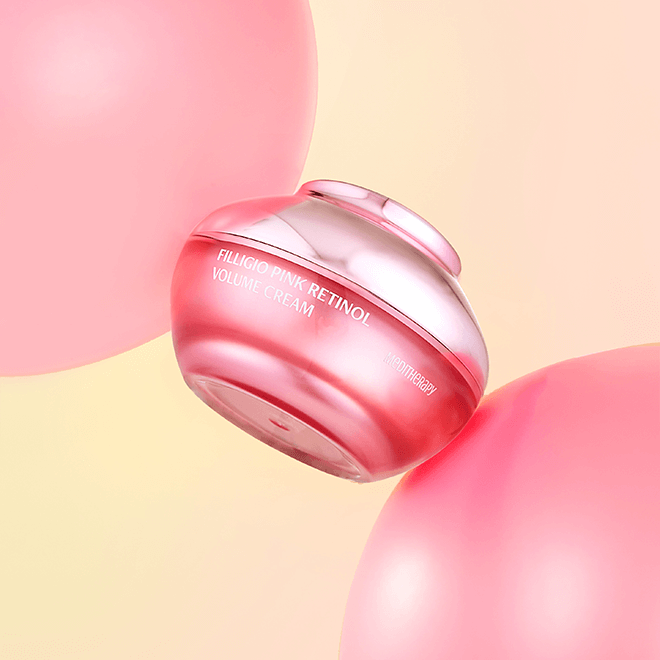 MEDITHERAPY Philizio Pink Retinol Volume Cream Single 50ml displayed against pink balloon background.