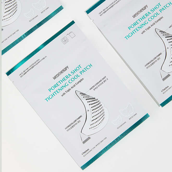 MEDITHERAPY Porethera Shot Tightening Cool Patch displayed on a white background, showing packaging details and product design.