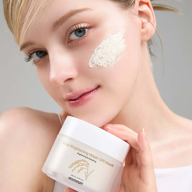 Model applying MEDITHERAPY Rice Brightening Wash-Off Mask 200ml on face