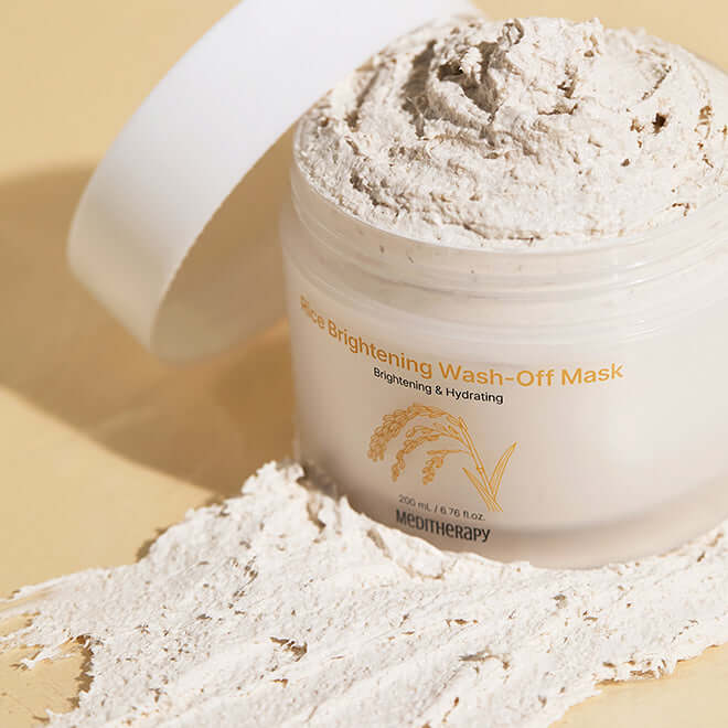 Open jar of MEDITHERAPY Rice Brightening Wash-Off Mask 200ml with product spread on surface.
