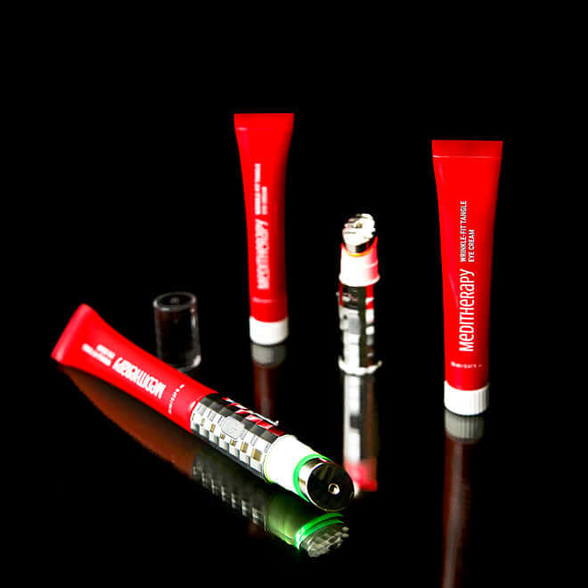 MEDITHERAPY Ringkle Fit Tangled Eye Cream 20ml in red tubes displayed on a reflective surface.