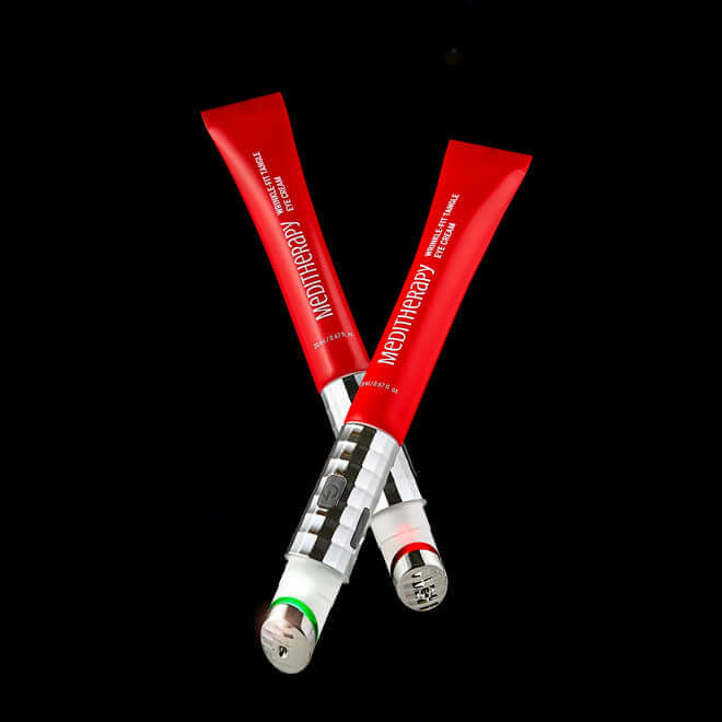 Two tubes of MEDITHERAPY Ringkle Fit Tangled Eye Cream 20ml against a black background