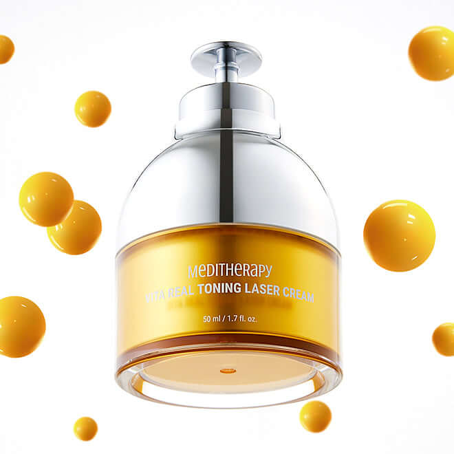 MEDITHERAPY Vita Real Toning Laser Cream 50ml with vibrant yellow serum balls, enhancing skin tone and texture.