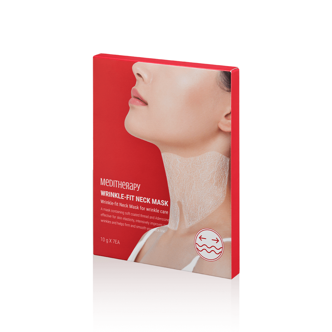 Packaging of MEDITHERAPY Wrinkle Fit Neck Mask for wrinkle care.