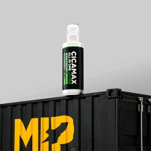 MIP Cicamax Sensitive All-in-One Lotion Set + Refill on black Gentleman Korea display for men’s skincare