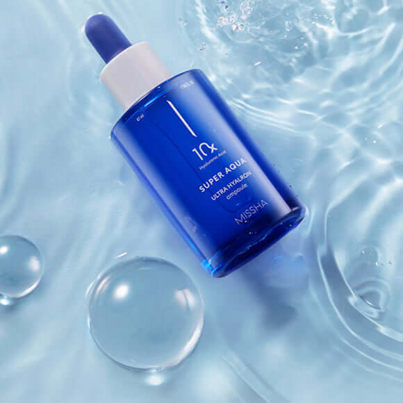 MISSHA Super Aqua Ultra Hyalon Ampoule 47ml displayed on a watery background