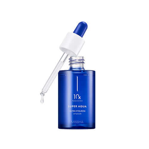 MISSHA Super Aqua Ultra Hyalon Ampoule 47ml skincare product with dropper, hyaluronic acid moisturizer in blue bottle