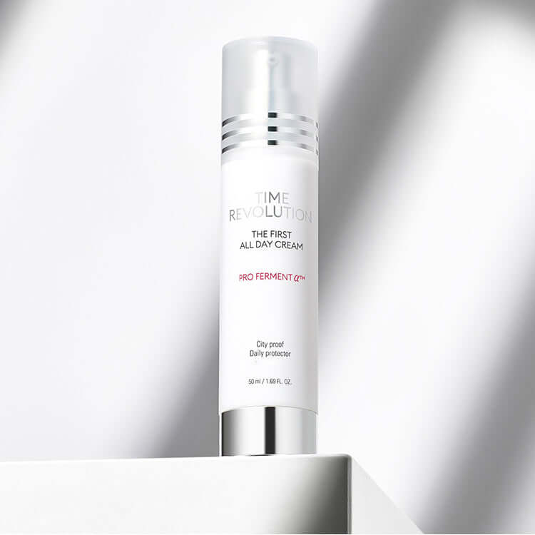MISSHA Time Revolution The First All Day Cream 50ml on a white platform displaying the product packaging