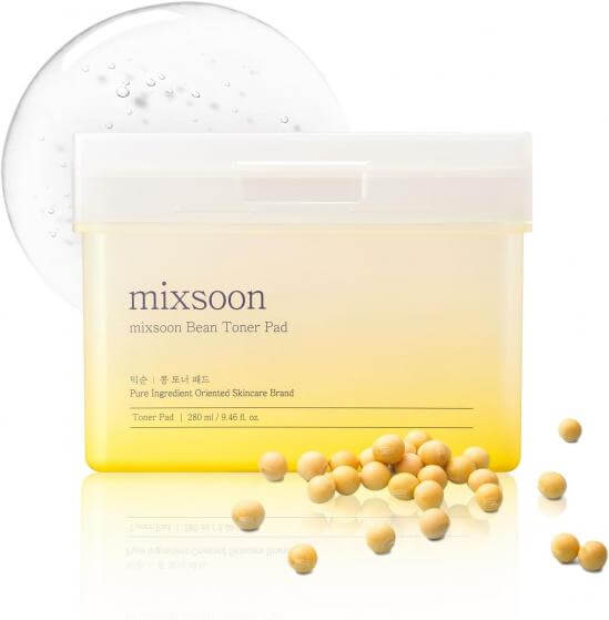 MIXSOON Bean Toner Pad, skincare product with bean extract, in a yellow container against a white background.