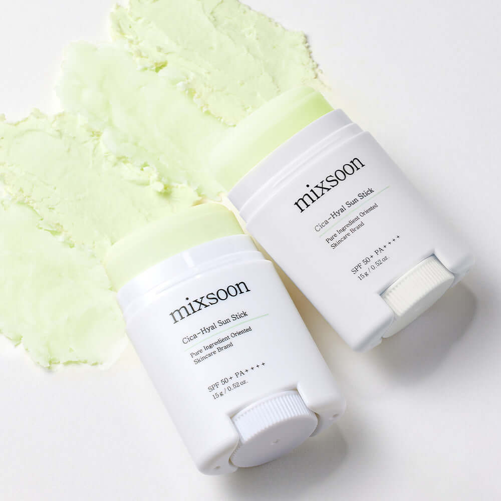 MIXSOON Cica Hyal Sun Stick displayed on green texture background, highlighting its SPF protection and soothing properties.