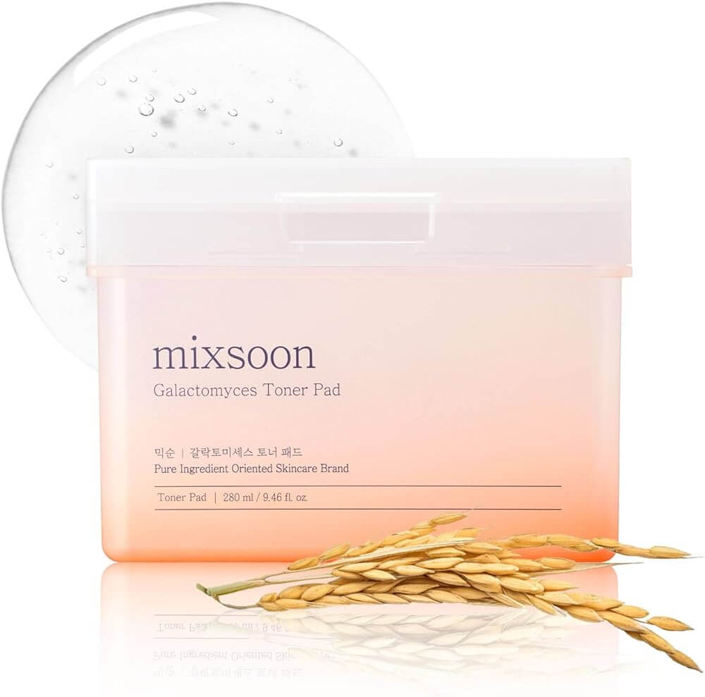 MIXSOON Galactomyces Toner Pad in pink container with rice extract illustration displayed on packaging.