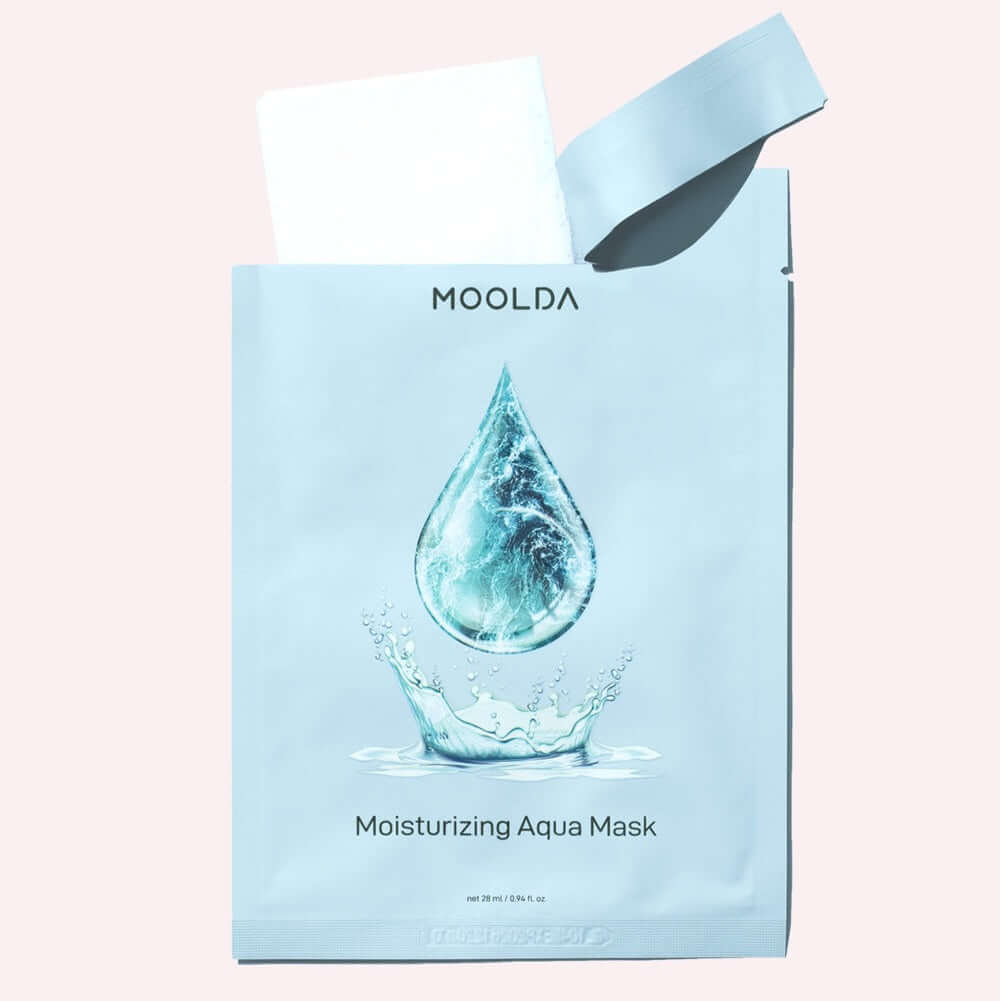 MOOLDA Moisturizing Aqua Mask with hydrating water droplet design on a sleek packaging