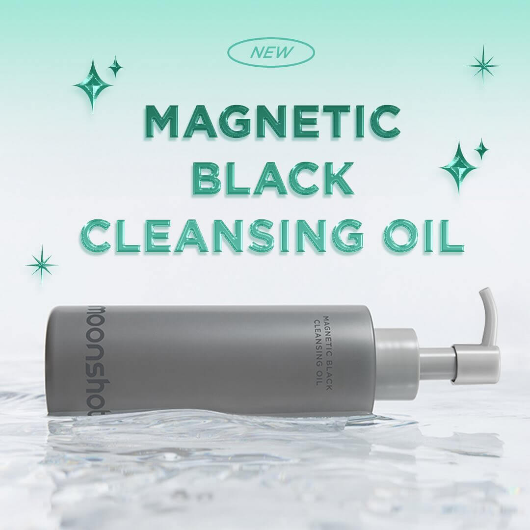 MOONSHOT Megnetic Black Cleansing Oil bottle on water surface with product name shining above.