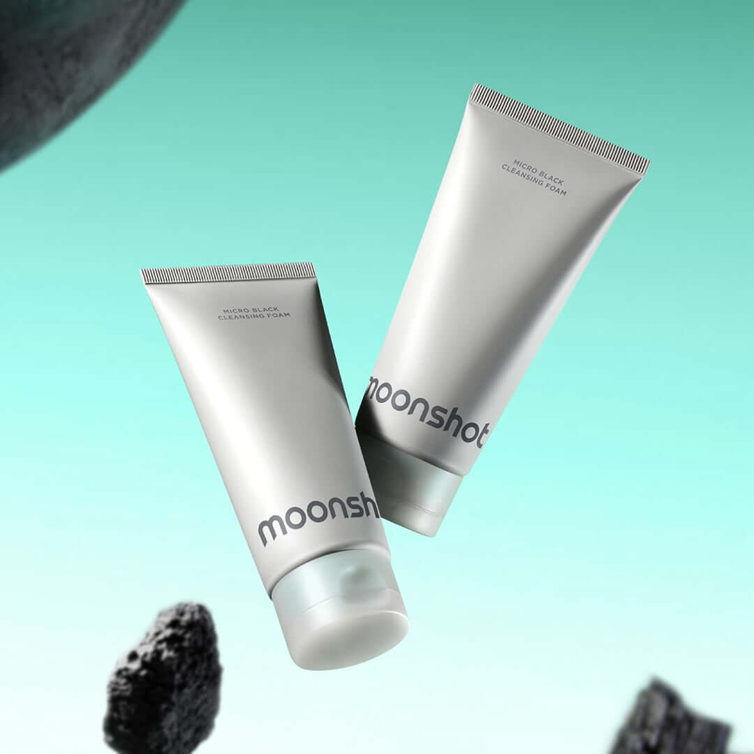 MOONSHOT Micro Black Cleansing Foam in sleek packaging with a vibrant background.