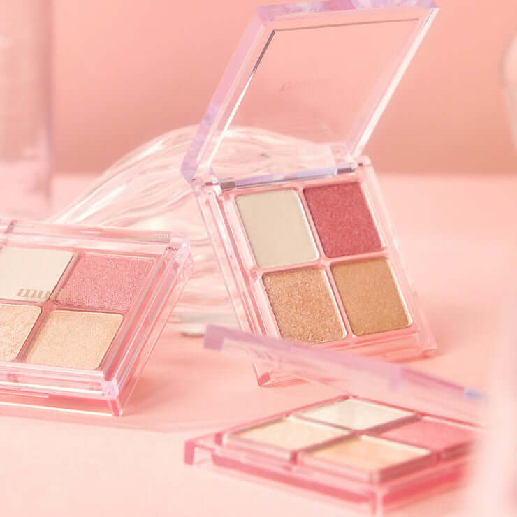 MUDE Full bloom Glow Palette showcasing open palette with pink and gold shades for a radiant glow effect.