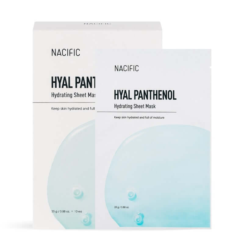 NACIFIC Hyal Panthenol Hydrating Mask Pack product image with packaging and mask sheets.