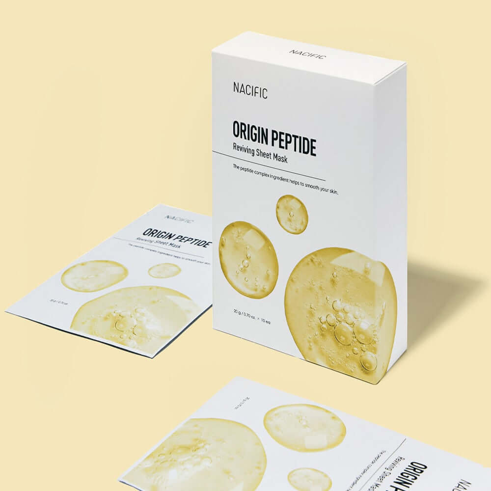 NACIFIC Origin Peptide Reviving Mask Pack featuring packaging and individual mask sheets