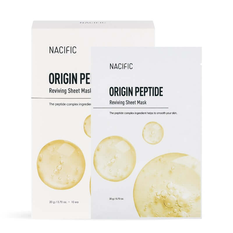 NACIFIC Origin Peptide Reviving Mask Pack with box and single sheet mask displayed.