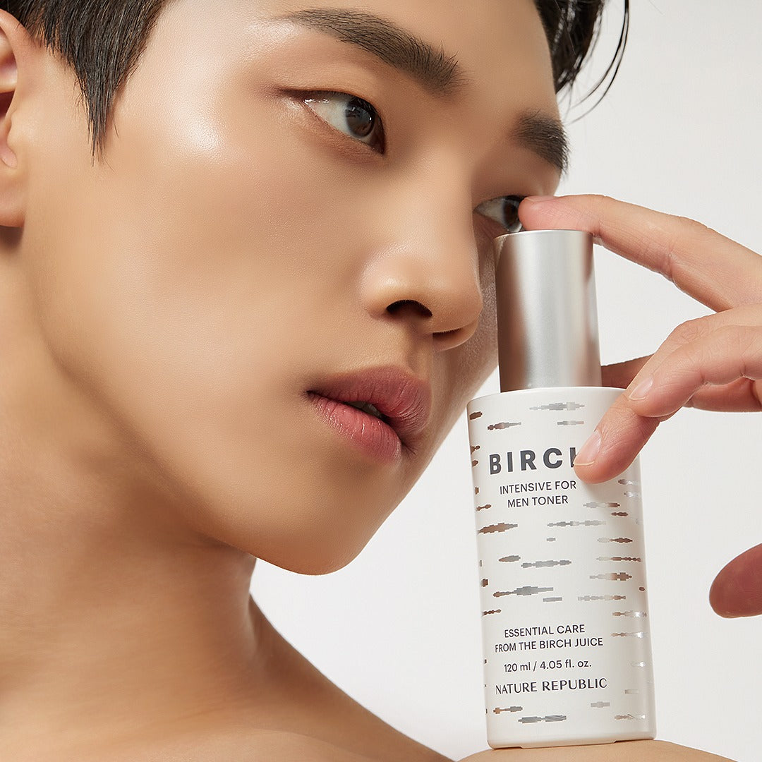 NATURE REPUBLIC Birch Intensive For Men Toner 120ml - Gentleman Korea product image showing male model holding toner bottle