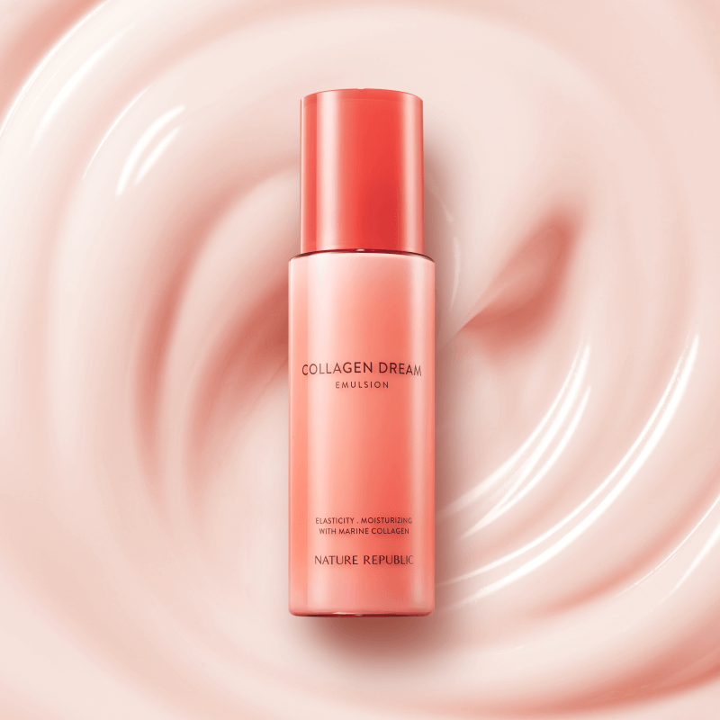 NATURE REPUBLIC Collagen Dream 70 Emulsion 130ml product image with pink swirled background.