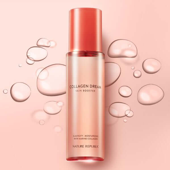 NATURE REPUBLIC Collagen Dream 90 Skin Booster 150ml with moisturizing and elasticity features, surrounded by water droplets.